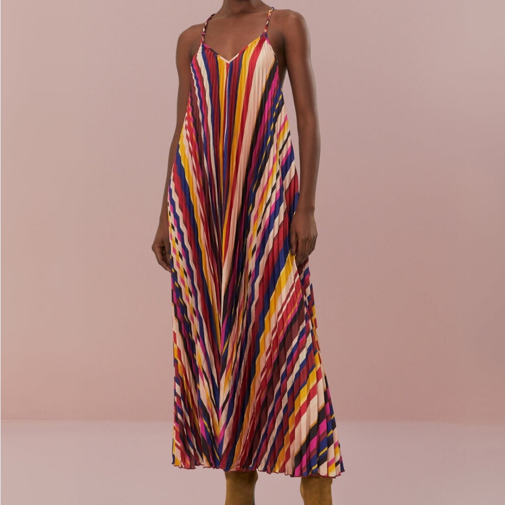 Farm Rio Multicolor Diagonal Stripes Pleated Stripes Midi Dress Size S